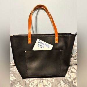 Portland Leather Good Large Zip Black Tote Tan Handles